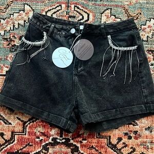 NWT women’s black denim shorts with rhinestone fringe, size medium CLOUD TEN